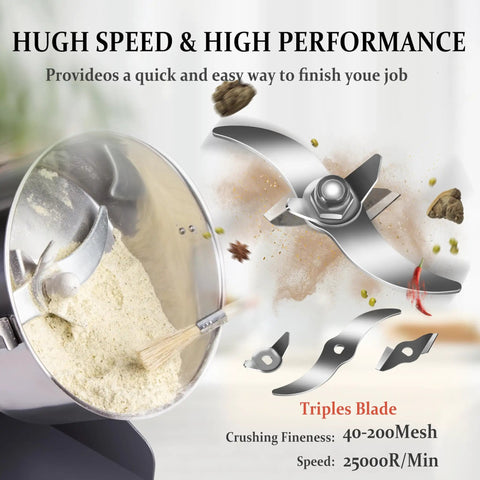 Heavy Duty Electric Grain Mill Grinder 750G Capacity For Home Kitchen 2200W 25000 RPM Copper Motor With Three Layer Stainless Steel Blades