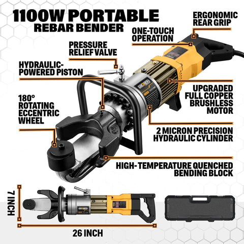 1100W Portable Electric Rebar Bender with Advanced Pure Copper Brushless Motor, Hydraulic Piston and Ergonomic Grip for Heavy Duty use.
