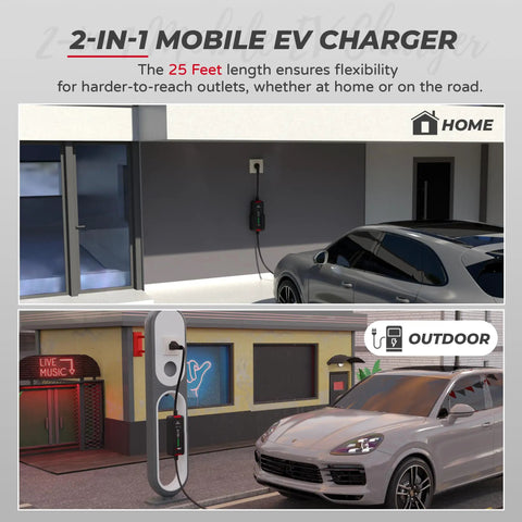 Fast Level 2 40 Amp Portable EV Charger with 25 Foot Cable installed at home and outdoor charging stations.
