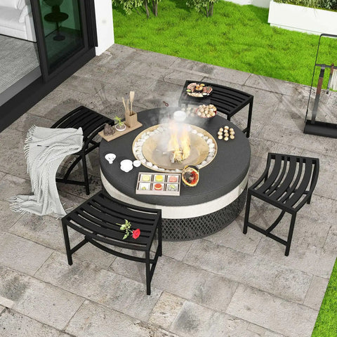 Curved Fire Pit Bench Set Of 4 Outdoor Metal Benches Waterproof Backless Steel Seats Around Fire Pit on Patio