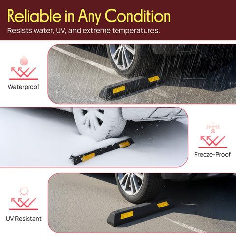 Beefy Two Pack Heavy Duty Rubber Wheel Stops For Garage Parking, Durable High Density Rubber, High Visibility Reflective Strip