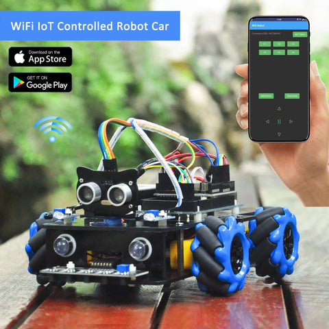 Robot car kit with blue mecanum wheels, Arduino-compatible electronics, smartphone control.