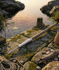 Stainless Steel Spear Tip Connector With 8mm Thread And 3cm Socket on a fishing dock by water with gear