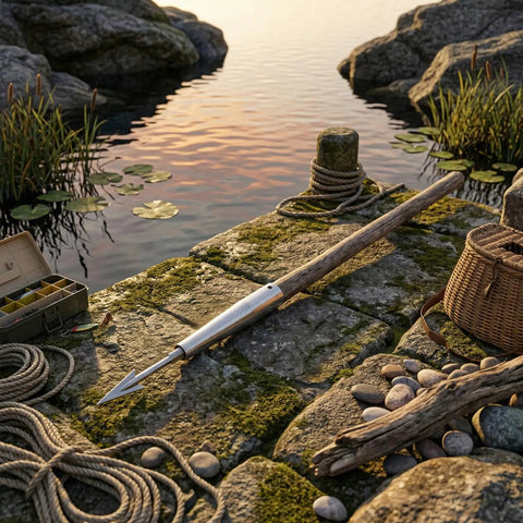 Stainless Steel Spear Tip Connector With 8mm Thread And 3cm Socket on a fishing dock by water with gear