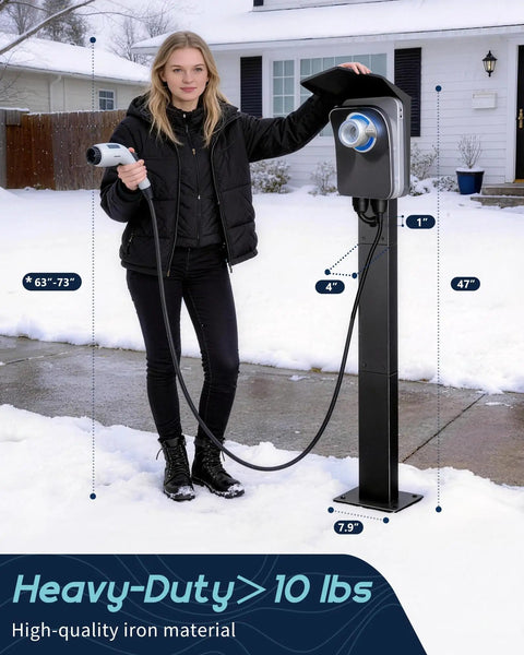 Heavy Duty Outdoor EV Charger Pedestal With Weather Shield Roof For Tesla Wall Connector And J1772 Level 2 Stations, 73 inches tall, in snowy driveway.