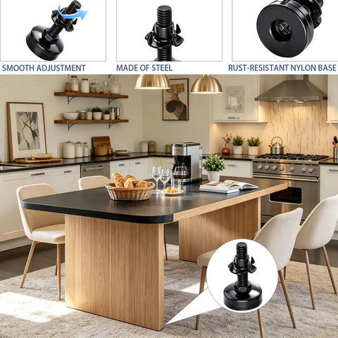 Adjustable 3/8 Inch 16 Thread Furniture Leveling Feet With T Nuts, 4 Pack Table Leg Stabilizers displayed in a stylish kitchen setting.