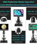 20X 5000X HDMI Digital Microscope With 5 Lenses, 2160P UHD Video, All In One Stereoscopic And Compound Lab Microscope For Coins Electronics Biology Soldering And Hobby Projects Handheld And Desktop Ready with monitor and stand