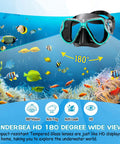 Dry Snorkel Set With Panoramic Wide View Anti Fog Mask For Adults And Kids, displayed with underwater scene and features
