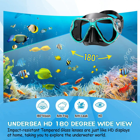 Dry Snorkel Set With Panoramic Wide View Anti Fog Mask For Adults And Kids, displayed with underwater scene and features