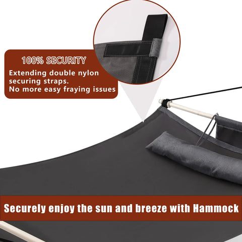 Anti Flip 12 Foot Hammock With Large 450 Pound Capacity Iron Spreader Bar And Nylon Rope For Outdoor Patio Garden Backyard Beach Durable Outdoor Relaxation Gear, close-up view of nylon securing straps and pillow.
