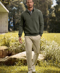 Man wearing Mens Quarter Zip Fleece Pullover Mock Neck Sweatshirt Regular Fit Long Sleeve Outdoor Knit Top In Moss Green Cozy Warmth
