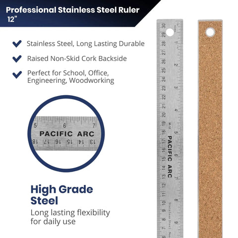 Stainless Steel 12 Inch Metal Ruler With Non Slip Cork Back Inch And Metric Graduations Pro Grade Crafting Tool shown with cork back.