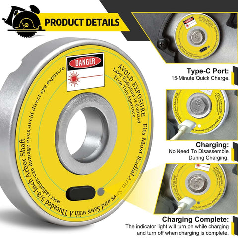 Front view of a rechargeable radial arm saw laser guide with yellow disk housing; 5/8 arbor compatibility, Amazon brand.