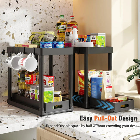 Heavy Duty Pull Out Under Sink Organizer Drawers Set Of Two Black Gliding Kitchen Cabinet Storage Carts with various bottles and mugs.