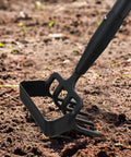 Close-up of 2 In 1 Garden Hoe Tool With Adjustable Length From 37 To 72 Inches, ergonomic handle in use on soil.