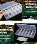 Clear tackle box with 18 grids and removable dividers from 85 Piece Fishing Backpack Gear Kit With Tackle Boxes Sling Bag Rod Holder.