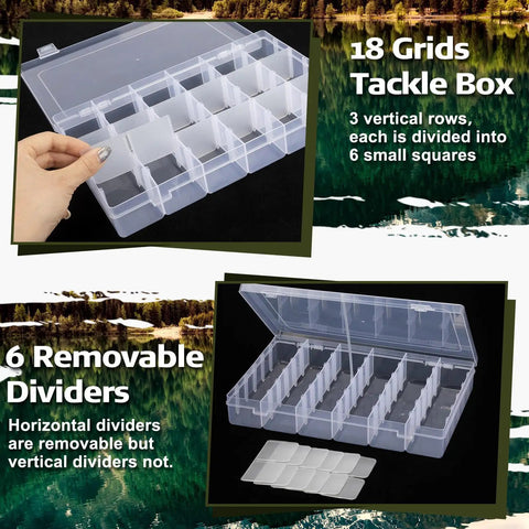 Clear tackle box with 18 grids and removable dividers from 85 Piece Fishing Backpack Gear Kit With Tackle Boxes Sling Bag Rod Holder.