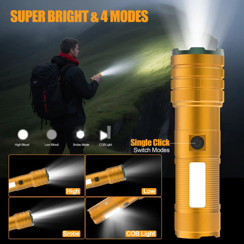 Rechargeable Ultra Bright LED Flashlight With Beast Mode Long Range And Adjustable Focus Four Operating Modes in use at night