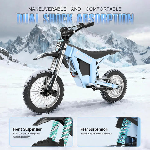 Next Level Electric Dirt Bike And Off Road Mini Ebike delivering epic 37 mph in snowy terrain with dual shock absorption features.