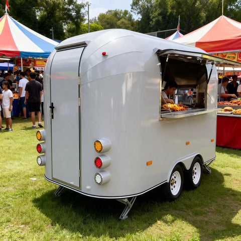 Kickstart Your Food Truck Trailer And Hot Dog Cart Venture With Commercial Mobile Kitchen Rig For Coffee Shop And Ice Cream Stand Business Hustle Dope Full Setup, silver portable food trailer with serving window.