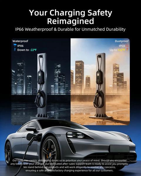 Portable Level 1 And Level 2 EV Charger With 16A Output ETL Certified 110V-240V Range 25FT Cable NEMA 6-20 Plug And NEMA 5-15 Adapter charging a car, showing waterproof and dustproof features against city skyline.