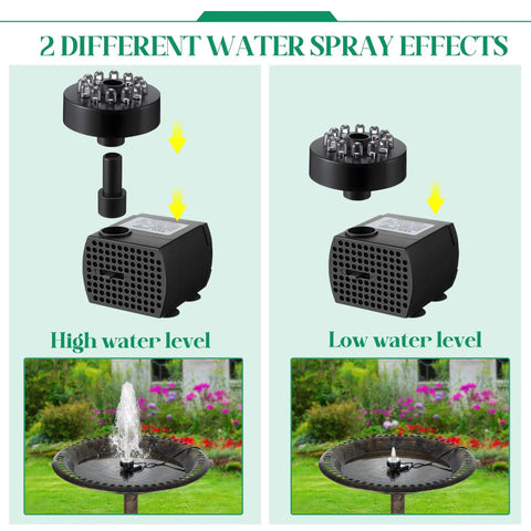 Diagram shows two water spray effects for Bird Bath Fountain Kit With 12 LED Lights And A 24 Hour Submersible Pump With Light.