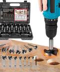 Precision Forstner Bit Set In Sizes Spanning A Quarter Inch Up To Two One Eighth featuring sharp tips drilling through wood.