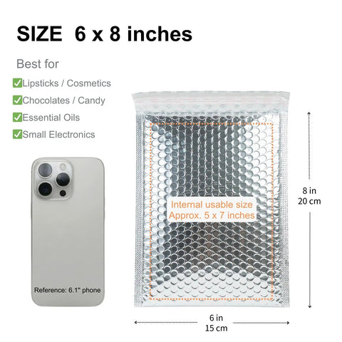 Fifty Pack 6x8 Inch Thermal Insulated Bubble Mailers for Cold Shipping with metallic silver foil padded envelopes shown with phone for size comparison.