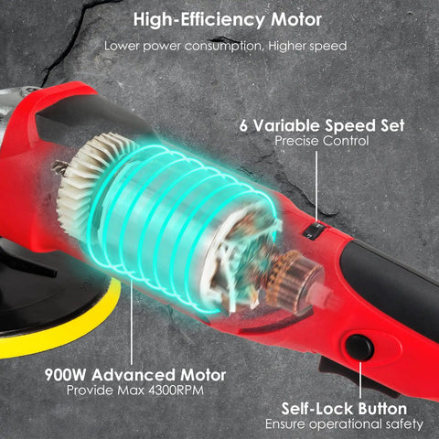 7 Inch Rotary Polisher For Car Detailing With 900W Motor, 4300 RPM, showing internal components, 6 variable speeds, safety lock