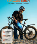 Powerful 1000W Fat Tire Electric Bike For Adults And Teens, 20 MPH Top Speed, 20x4 Fat Tires, Removable 10.4Ah Battery, USB Charging Port, 7-Speed Mountain And Commuter Ebike, Four Bikes In One For City, Trail, Snow And More, rider showing removable 36V 10.4Ah battery