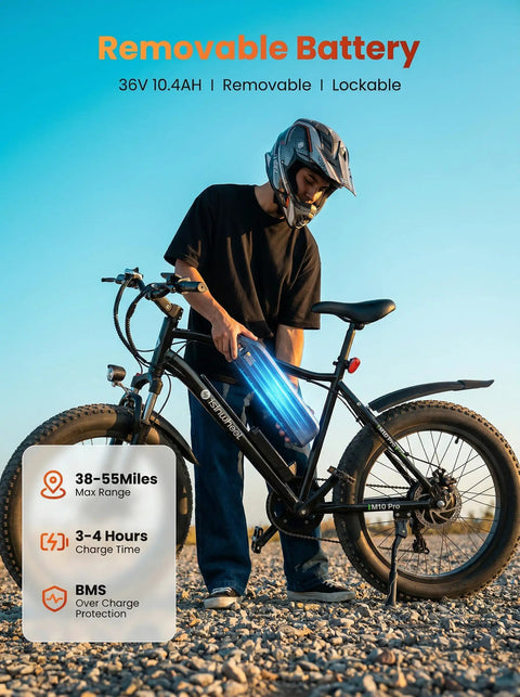 Powerful 1000W Fat Tire Electric Bike For Adults And Teens, 20 MPH Top Speed, 20x4 Fat Tires, Removable 10.4Ah Battery, USB Charging Port, 7-Speed Mountain And Commuter Ebike, Four Bikes In One For City, Trail, Snow And More, rider showing removable 36V 10.4Ah battery