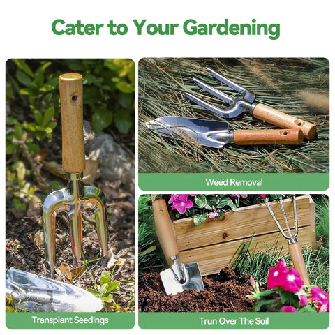 9-Piece Heavy Duty Garden Hand Tools Set With Rust-Proof Stainless Steel Tools And Cool Organizer Tote shown in gardening use