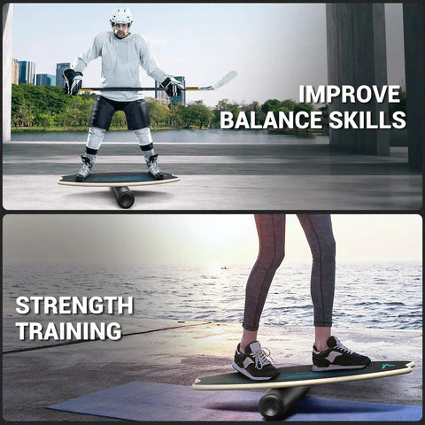 Balance Board 7 Modes Wobble Board With Adjustable Stoppers Stability Trainer shown improving balance skills and strength training.