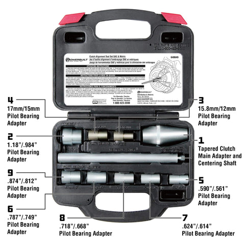 Powerbuilt 8-piece clutch alignment tool set in a black case with metric/SAE pilot adapters