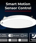6 Inch Canless Recessed LED Wafer Light With Motion Sensor, Ultra Thin Ceiling Downlight, 5 CCT Adjustable, Occupancy Sensor, Auto On Off and Bi Level Modes, Perfect For Hallways, Closets, Bathrooms And Storage Areas. White round wafer light with sensor control icons