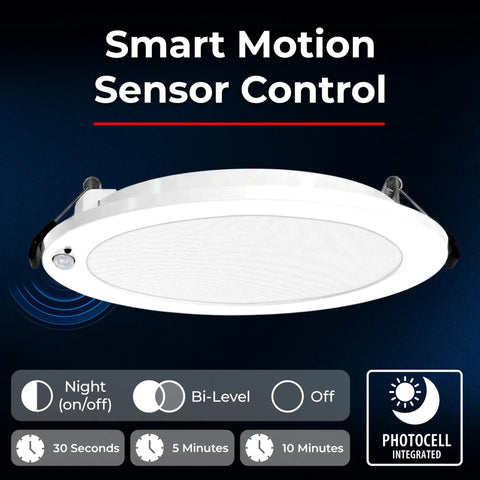 6 Inch Canless Recessed LED Wafer Light With Motion Sensor, Ultra Thin Ceiling Downlight, 5 CCT Adjustable, Occupancy Sensor, Auto On Off and Bi Level Modes, Perfect For Hallways, Closets, Bathrooms And Storage Areas. White round wafer light with sensor control icons