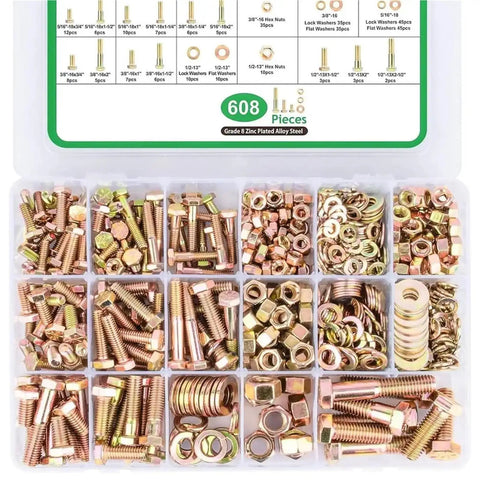 Heavy Duty Hex Nuts And Bolts 608 Piece Kit With Washers Rust Resistant Finish showing assorted bolts and nuts in a storage case.