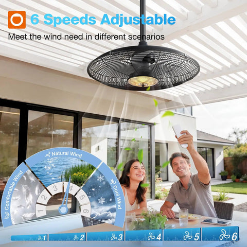 Outdoor Ceiling Fan With Light For Patios And Pergolas 24 Inch Black IP65 Waterproof Gazebo Fan With Remote And App shown on patio
