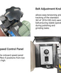 Belt adjustment knob and speed control panel on Premium 220V Flat Belt Sander Polisher For Metal And Wood Shop Work.