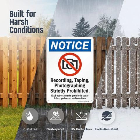 Heavy Duty Aluminum Bilingual Privacy Warning Sign Rock Solid For Outdoors Straight Up No Recording Or Taping Allowed Top Shelf Rust Resistant Security Notice 10X14 Inches on a fence in harsh weather conditions.