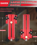 Front view of two red Saker thin rip jig table saw guides with ruler scales and black knobs; 216mm max, 51mm min.