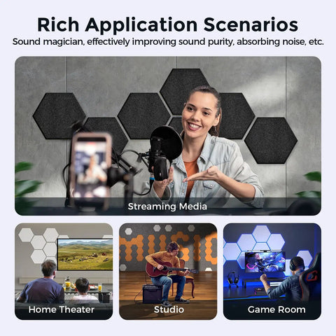 Cut Through Echo Chaos With Heavy Duty Self Adhesive Acoustic Panels Ultra High Density Polyester Sound Absorbing Foam Hexagon Wall Tiles Snaps Right Up To Tighten Room Sound Block Reverb And Level Up Any Space Quick Black Large in streaming media setup.