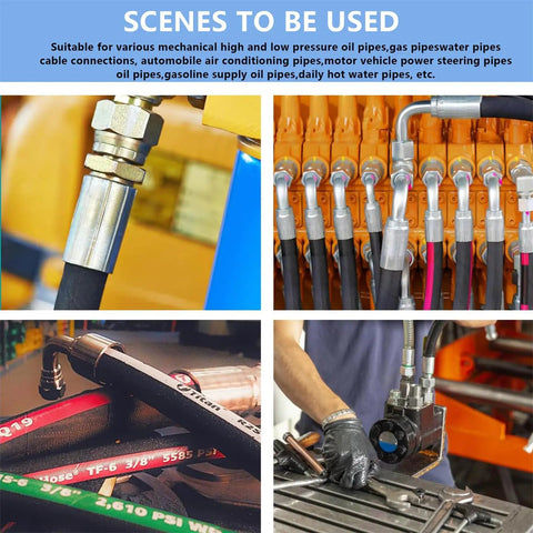 Various uses of Heavy Duty Manual Hydraulic Hose Crimper With Seven Precision Dies And Built In Pressure Gauge for multiple pipe types.