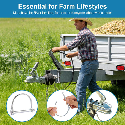 Farmer using trailer equipped with 8 Pack Trailer Hitch Pin One Quarter Inch Standard Pins With Safety Lock And Locking Retainer.