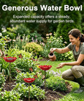 Woman pouring water into Metal Flower Garden Stake With Bird Bath Bowl For Outdoor Pollinator Watering Station in garden
