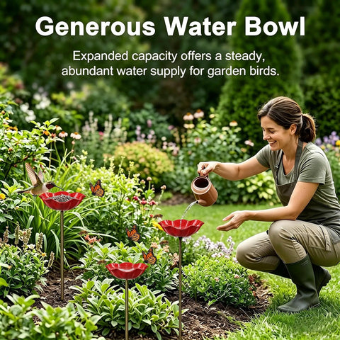 Woman pouring water into Metal Flower Garden Stake With Bird Bath Bowl For Outdoor Pollinator Watering Station in garden