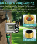 Zero Pressure Water Timer For Garden Hose Faucet With Brass Ports, showing LCD, brass inlet, outlet, manual irrigation setup