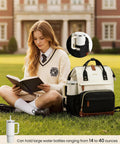 Woman reading outdoors with 15.6 Inch Laptop Backpack For Women With Wide Open Frame For Quick Access Waterproof Large Capacity Daypack.