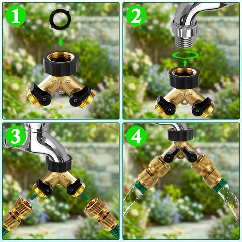 Brass Hose Splitter 2 Way With Shut Off Valves Heavy Duty Garden Hose Connector Y Adapter No Leak Includes Washers And Teflon Tape on spigot