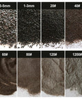 Various grit sizes of sandblasting media, focusing on 80 Grit Aluminum Oxide Sandblasting Media Pro Grade Heavy Duty For Metal And Glass Prep, Long Lasting High Abrasive Power For Sand Blasters Cabinets And Guns, Rust Removal And Etching Ready, 1 Pound.